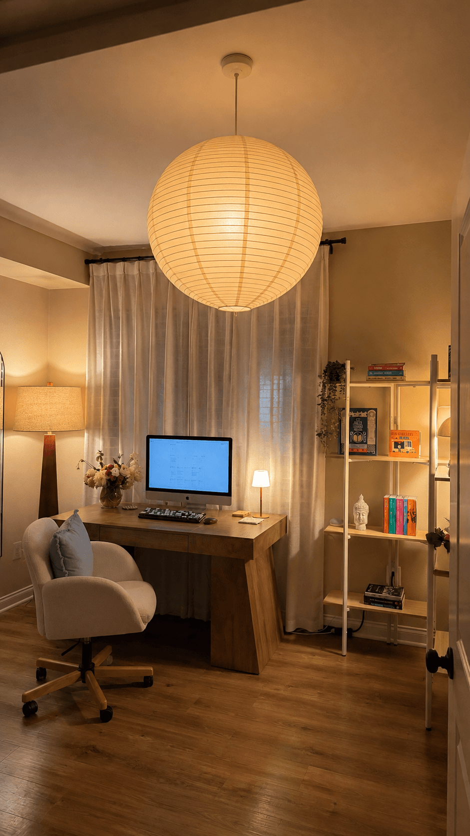 A finished home office from my work, with a clear desk, warm lamps, and an upholstered chair.